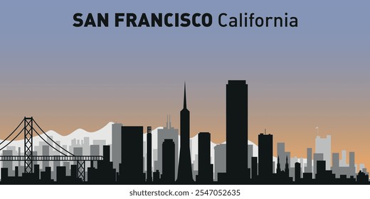 Siluetas en blanco y negro de edificios en el horizonte de San Francisco. Vector sobre un fondo de color.