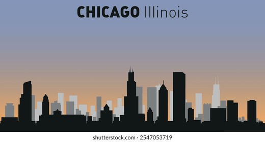 Silhuetas em preto e branco de edifícios no horizonte de Chicago. Vetor em um fundo colorido.