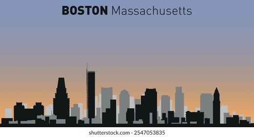 Black and white silhouettes of buildings on Boston skyline. Vector on a colored background.