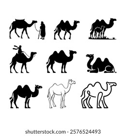 Black And White Silhouettes Of Camels In Various Poses And Styles