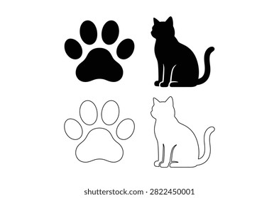 Black and white silhouettes of a cat and paw print are presented alongside their line art counterparts. The images are