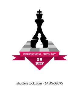 Black and white silhouettes of chess isolated on white background. Pink ribbon. Vector board game. International chess day.