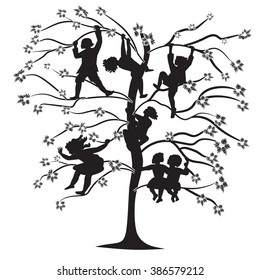 black and white silhouettes of children on the branches of trees in spring and summer abstract illustration isolated on white background vector