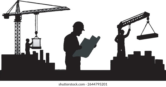 Silhuetas em preto e branco de plantas e guindastes dos trabalhadores da construção retratam um processo de construção dinâmico ideal para projetos de construção e engenharia da indústria
