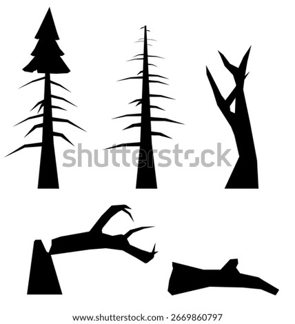 Black and white silhouettes of dead trees stand starkly against a clean white background. The minimalist composition highlights the intricate branching patterns and eerie beauty of barren trees.