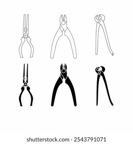 black and white silhouettes of different pliers arranged in two rows of three, each with a different handle shape and design on a white background.set icon illustration pliers