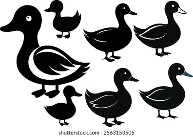 Black and white silhouettes of domestic ducks with ducklings in different poses. duck with ducklings