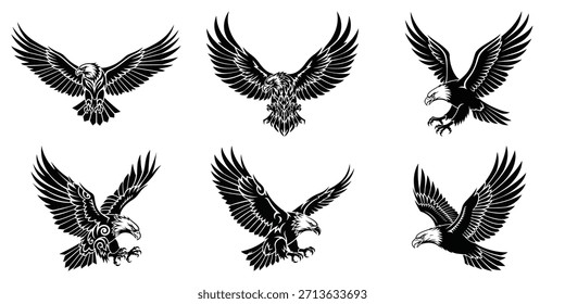 Siluetas blancas y negras de águilas en vuelo que muestran plumas detalladas y garras afiladas, ideales para diseños relacionados con la vida silvestre, la marca de la naturaleza o temas ambientales. El