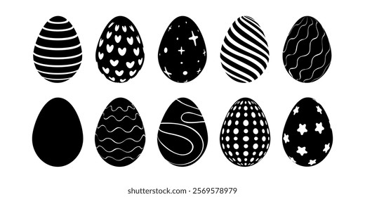 Black and white silhouettes, Easter eggs with various patterns, vector