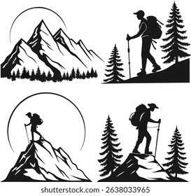 Black and white silhouettes featuring majestic mountain landscapes, towering pine trees, and adventurous hikers exploring nature’s rugged wilderness in minimalist style.