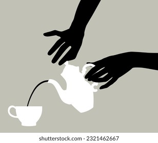 Black and white silhouettes of female hands with a teapot pour coffee or tea into a cup. Vector illustration