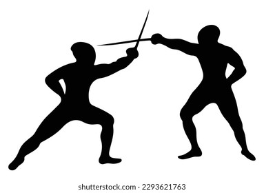 Black and white silhouettes of fencers in action