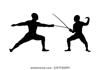 Black and white silhouettes of fencers in action