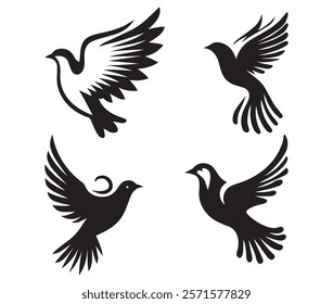 Black and white silhouettes of flying birds set, dove shapes, stylized wings