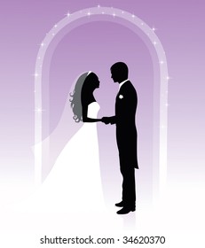 Black and white silhouettes of a groom and a bride holding hands and standing under an arch on a purple background.