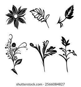 Black and white silhouettes, leaf and flower objects, vector.
