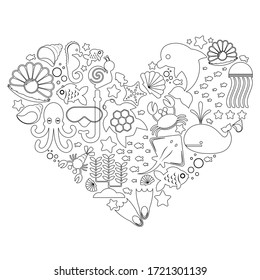 black and white silhouettes of marine-themed objects and marine inhabitants lined with hearts isolated on a white background. Vector illustration