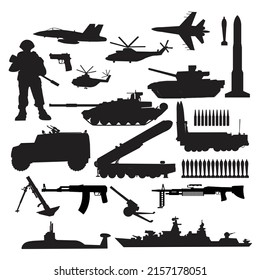 Black And White Silhouettes Of Military Equipment Set, The Weapon  Armed Forces Icon Set.