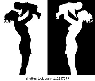 Black and white silhouettes of mother and child