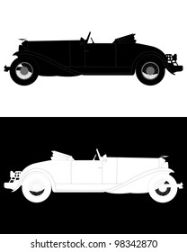 black and white silhouettes of an old convertible on a white and black backgrounds
