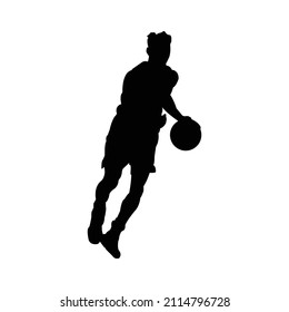 Black and white silhouettes of people playing basketball while dribbling and shooting