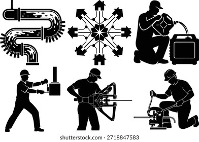 Siluetas en blanco y negro de trabajadores profesionales que operan maquinaria, mantienen sistemas de plomería y administran recursos energéticos en un entorno industrial.