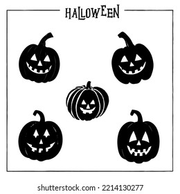 Black and white silhouettes of pumpkins of different shapes. Vector elements for design. Watercolor style