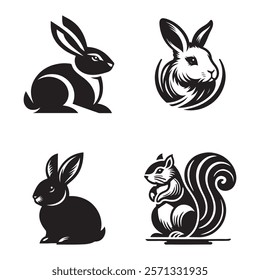 Black and White Silhouettes of Rabbits and a Squirrel