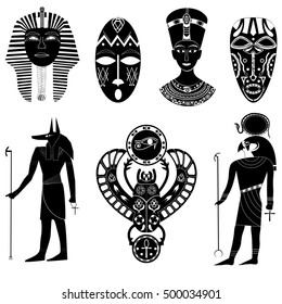 Black - white silhouettes set of Egyptian Pharaoh Tutankhamun, Cleopatra and Nefertiti, Anubis, Ra, scarab beetle, African tribal masks and shamans.