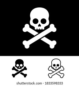 Black and White Silhouettes of Skull and Bones. Jolly Roger Icons. Death Warning, Skull and Crossbones Symbol, Poison Icons or Glyph Style Pictograms on White Backdrop