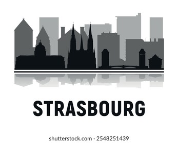 Black and white silhouettes of the Strasbourg skyline. Vector on a gray background