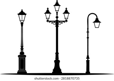 Black and white silhouettes of three distinct vintage street lamps on a white background, lamp post