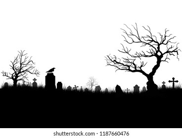 Black and white silhouettes of tombstones, crosses and gravestones and graveyard. Vector Halloween concept.