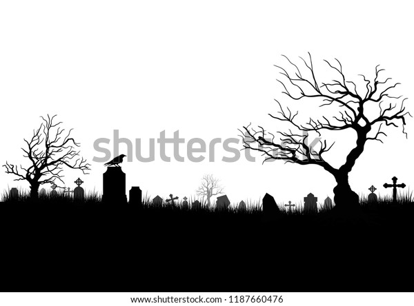 Black White Silhouettes Tombstones Crosses Gravestones Stock Vector ...