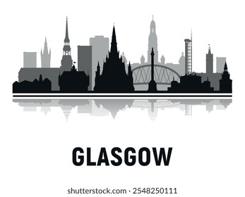 Siluetas en blanco y negro de las torres del horizonte de la ciudad de Glasgow con reflejos en el agua. Vector sobre fondo gris