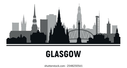 Black and white silhouettes of the towers of the city skyline in Glasgow. Vector on gray background