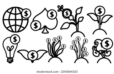siluetas de árboles en blanco y negro. conjunto de siluetas de árboles con fines de lucro. icono comercial. árboles de dinero. el beneficio de ícono de negocio con árboles y diseño simple. 