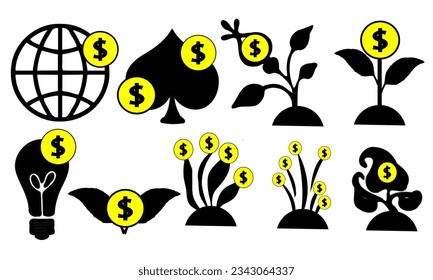 Schwarz-Weiß-Silhouetten von Bäumen. Satz von Silhouetten von Profitbäumen. Business Icon. Geldbäume. Profitieren Sie von Business Icon mit Bäumen und einfachem Design. 