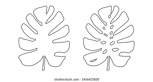 Black and white silhouettes of tropical leaf, monstera. Vector botanical illustrations, floral elements. Hand drawn plant for decoration.