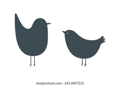Black and white silhouettes of two birds, stylized, minimalist, for design and decor.