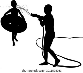 it is black white silhouettes of two boys one of which pours over another with a circle for bathing by water from a hose