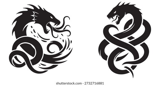 Black and white silhouettes of two intertwined serpents or dragons eps 10