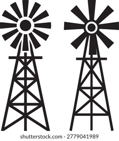 Black and white silhouettes of two windmills. Vintage farm equipment for pumping water.