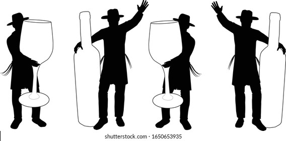 black and white silhouettes of an ultra Orthodox Jewish Hasidic figures. Dancing with a huge bottle of white wine. And with a huge glass of wine. Suitable for Jewish holidays, Jewish culture  banner