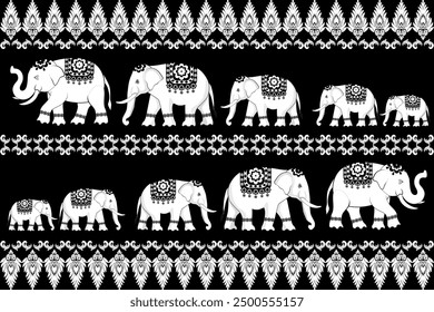 Black and white silhouettes of various animals in a collection,elephants pattern,traditional ethnic, fabric pattern for textiles, rugs, wallpaper, clothing, sarong, batik, wrapping, embroidery, print