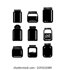 Black and white silhouettes of various jars. Set of icons of jars, containers and packaging isolated. Vector illustration.