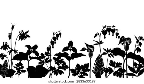 Black and white silhouettes of various leafy plants