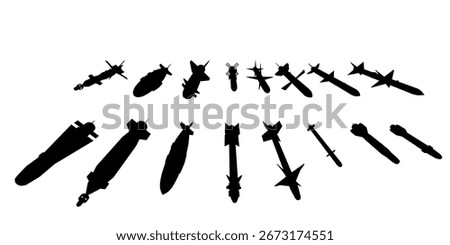 Black and white silhouettes of various weapons, including missiles and bombs, arranged in a clean collection. The minimalist design features sharp outlines against a plain white background.