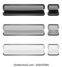 Black, white and silver buttons with chrome frame. Vector 3d illustration isolated on white background