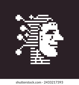 black and white simple 1bit pixel art artificial intelligence icon. humanoid robot head
